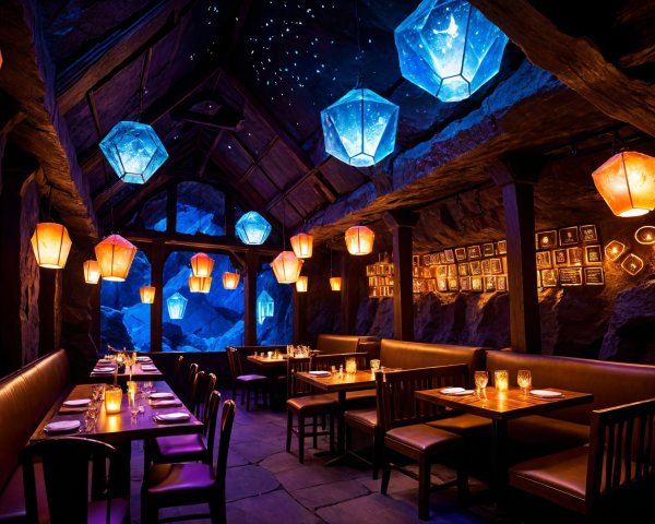 Cozy Restaurant with Rock Walls and Starry Ceiling
