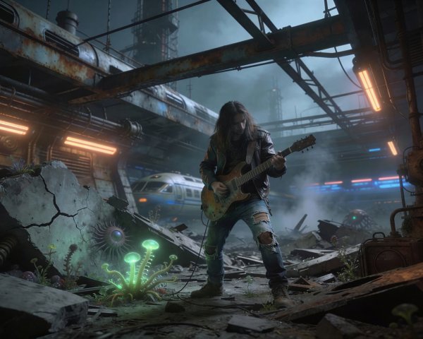 Musician Playing Electric Guitar in Post-Apocalyptic Setting