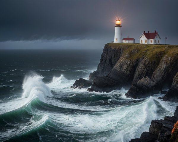 Lighthouse on Cliff Amidst Stormy Seascape