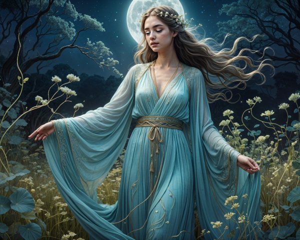Young Woman in Light Blue Gown in Moonlit Landscape