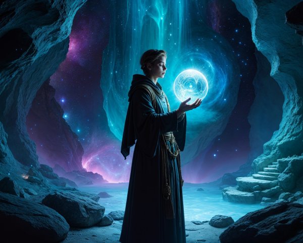 Mystical Figure in Cave with Cosmic Background