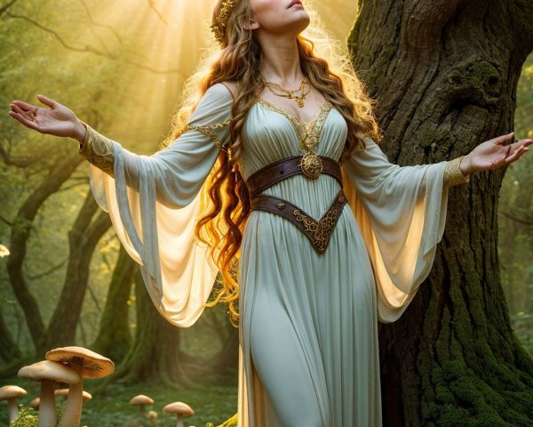 Mystical Forest Scene with Woman in White Gown