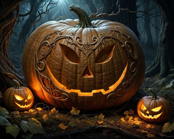 Intricately Carved Pumpkin Scene in Dark Forest