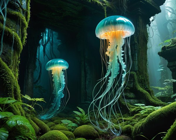 Luminous Jellyfish in a Mystical Overgrown Temple