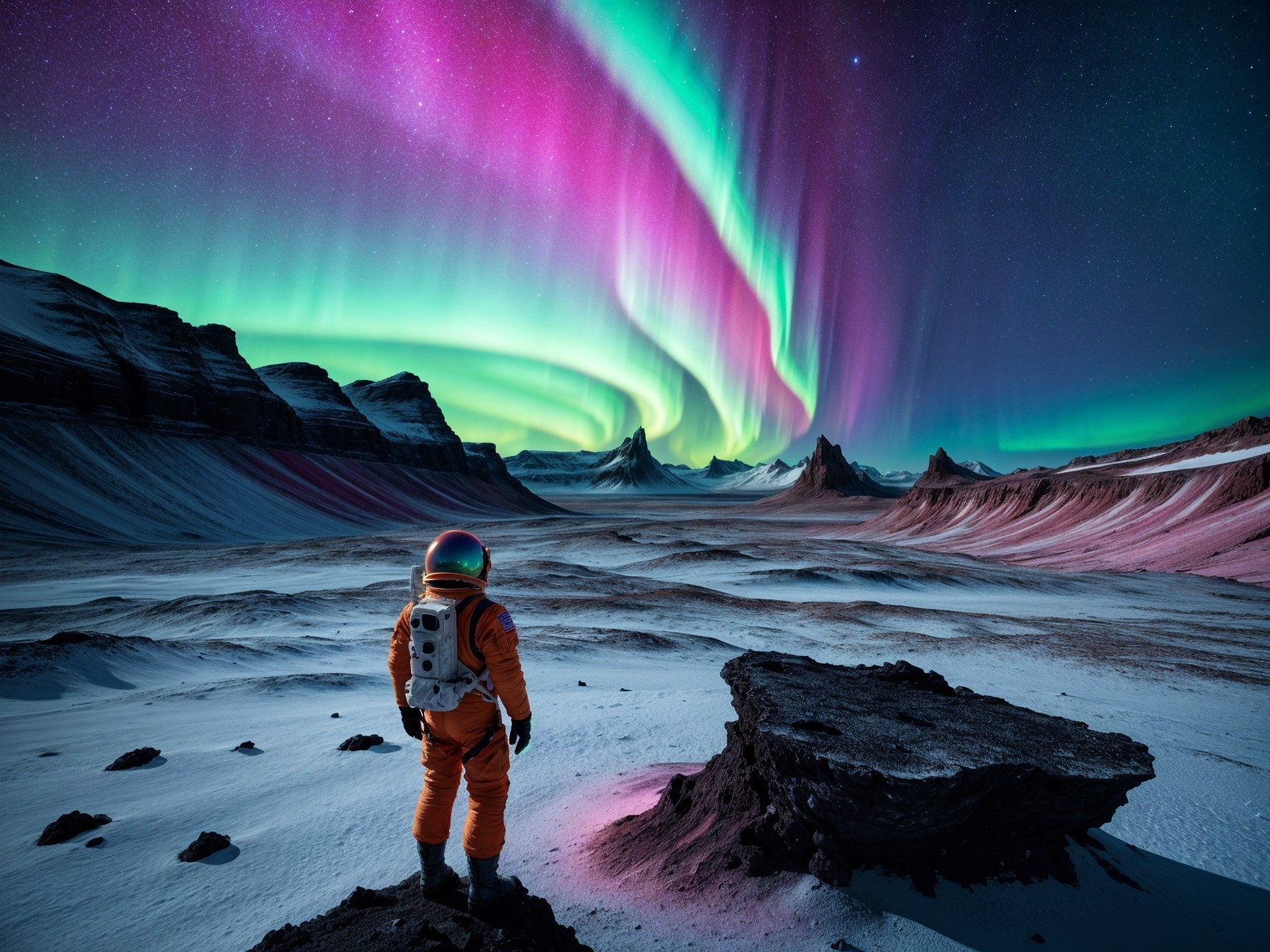 Astronaut Observes Vibrant Auroras Over Alien Landscape