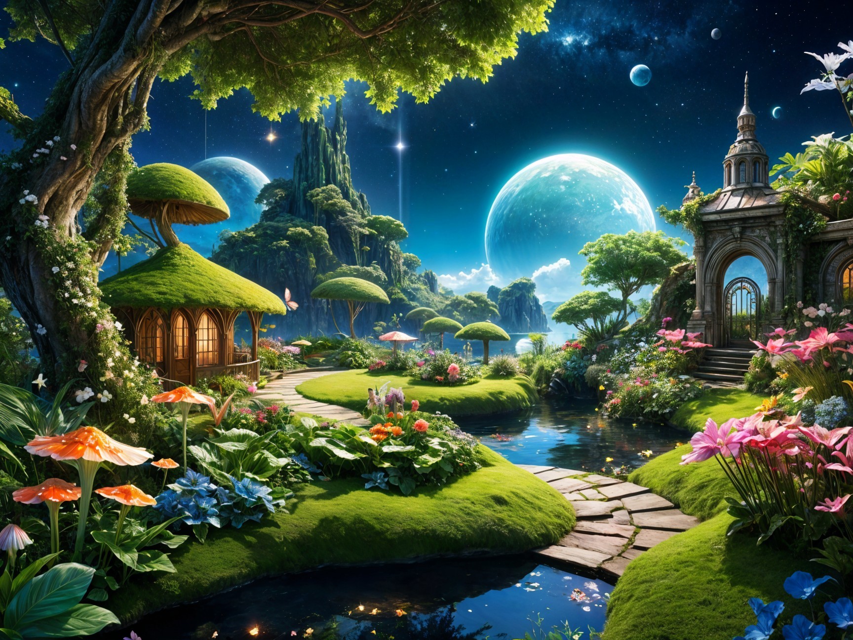 Vibrant Fantasy Landscape with Treehouses and Pond