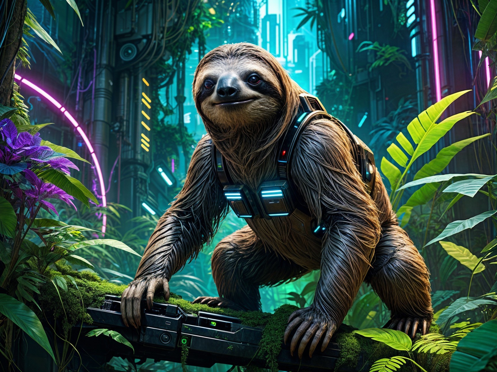 Futuristic Jungle Scene with High-Tech Sloth