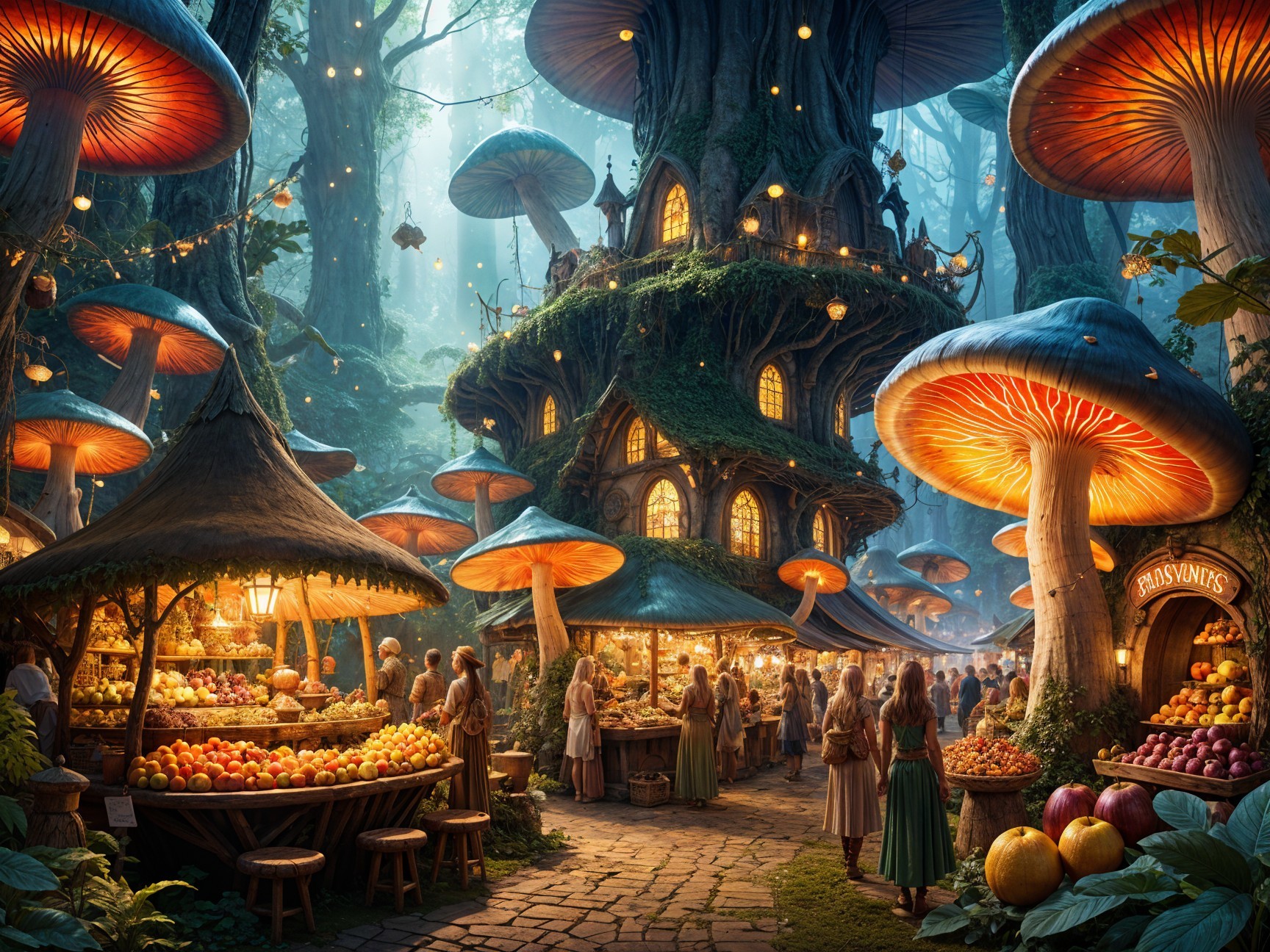 Whimsical Forest Village with Glowing Mushrooms
