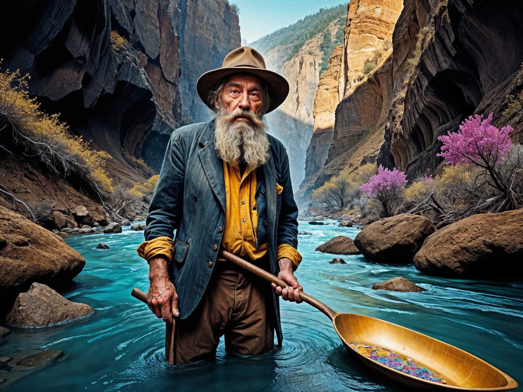 Elderly Man in River Surrounded by Canyon and Gems