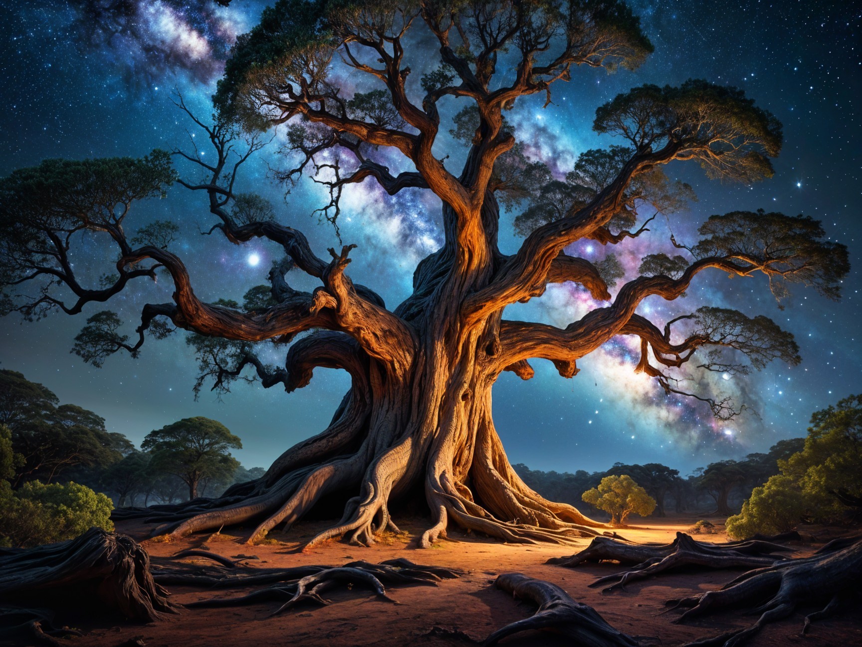 Ancient Tree Under Starry Sky with Vibrant Galaxy