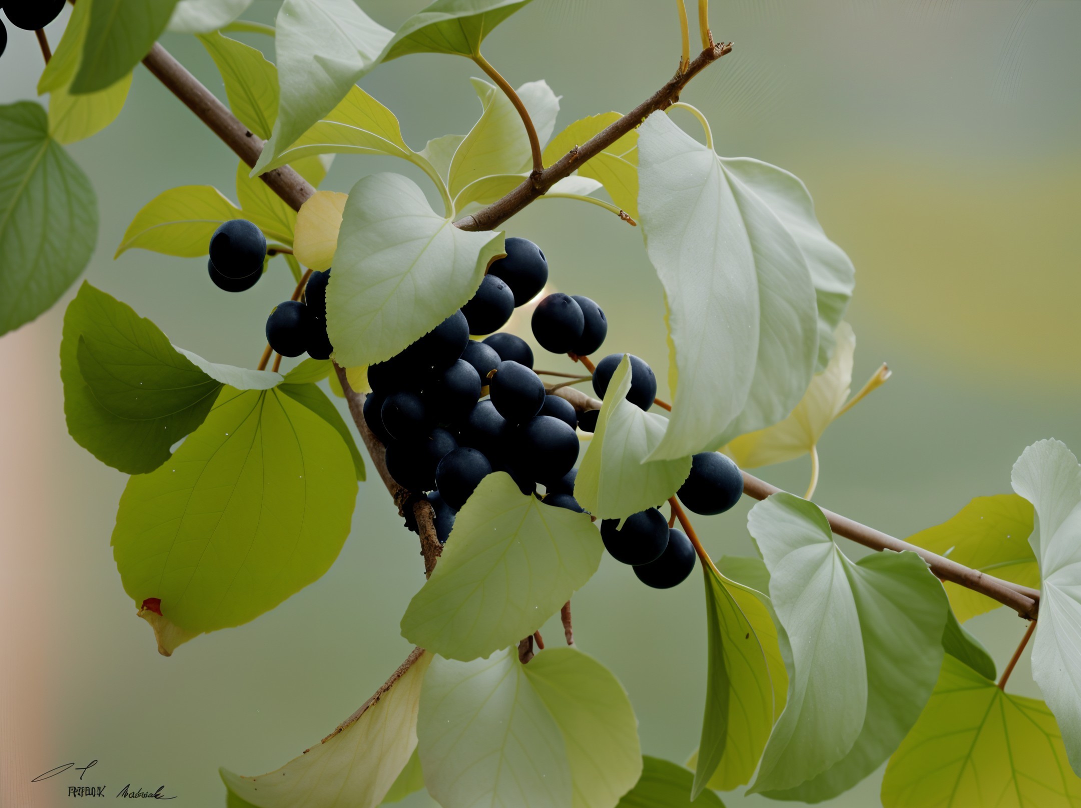Close-up of Glossy Berries on Green Vine Leaves