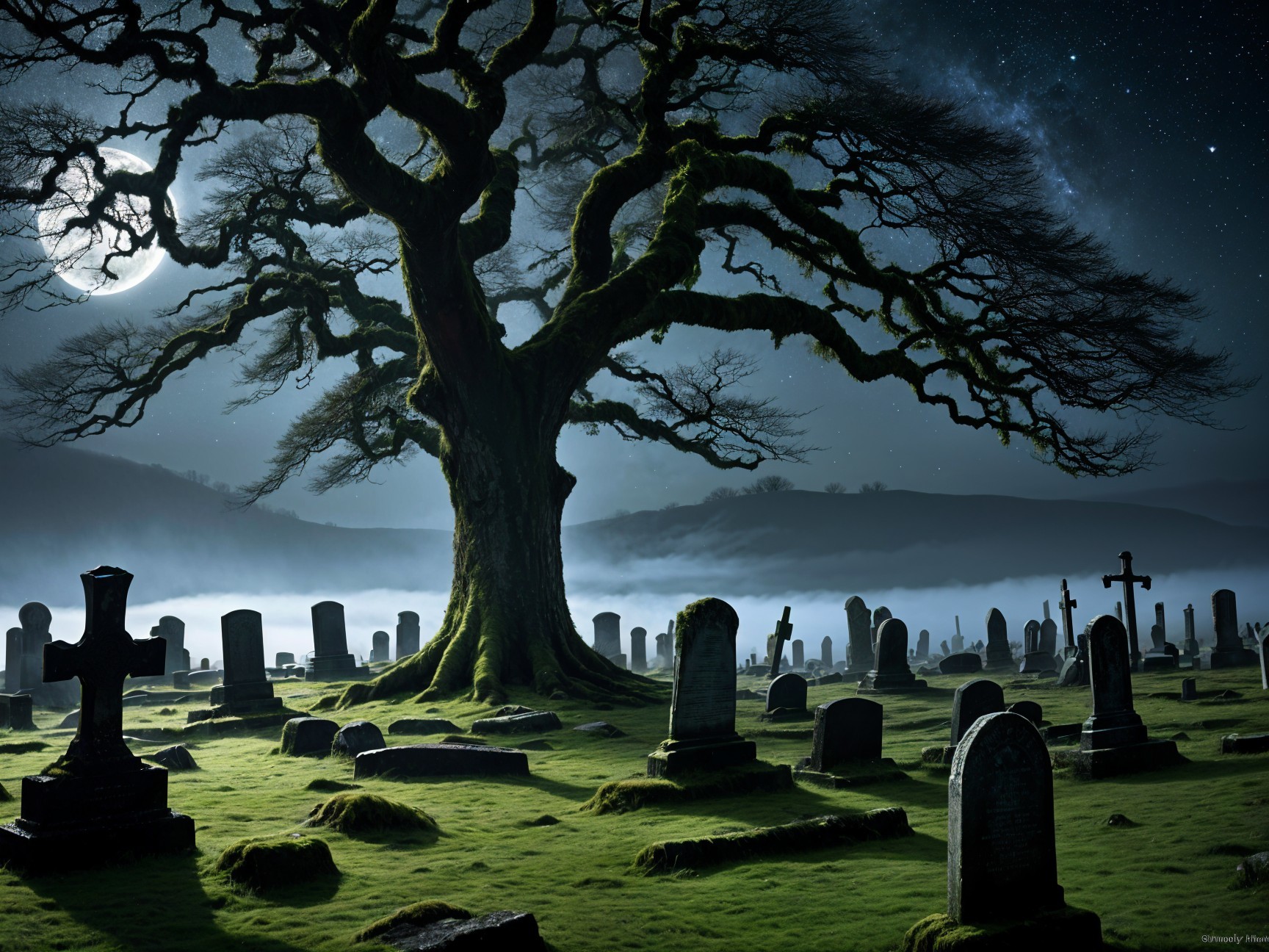 Gnarled Tree in Misty Graveyard Under Moonlight