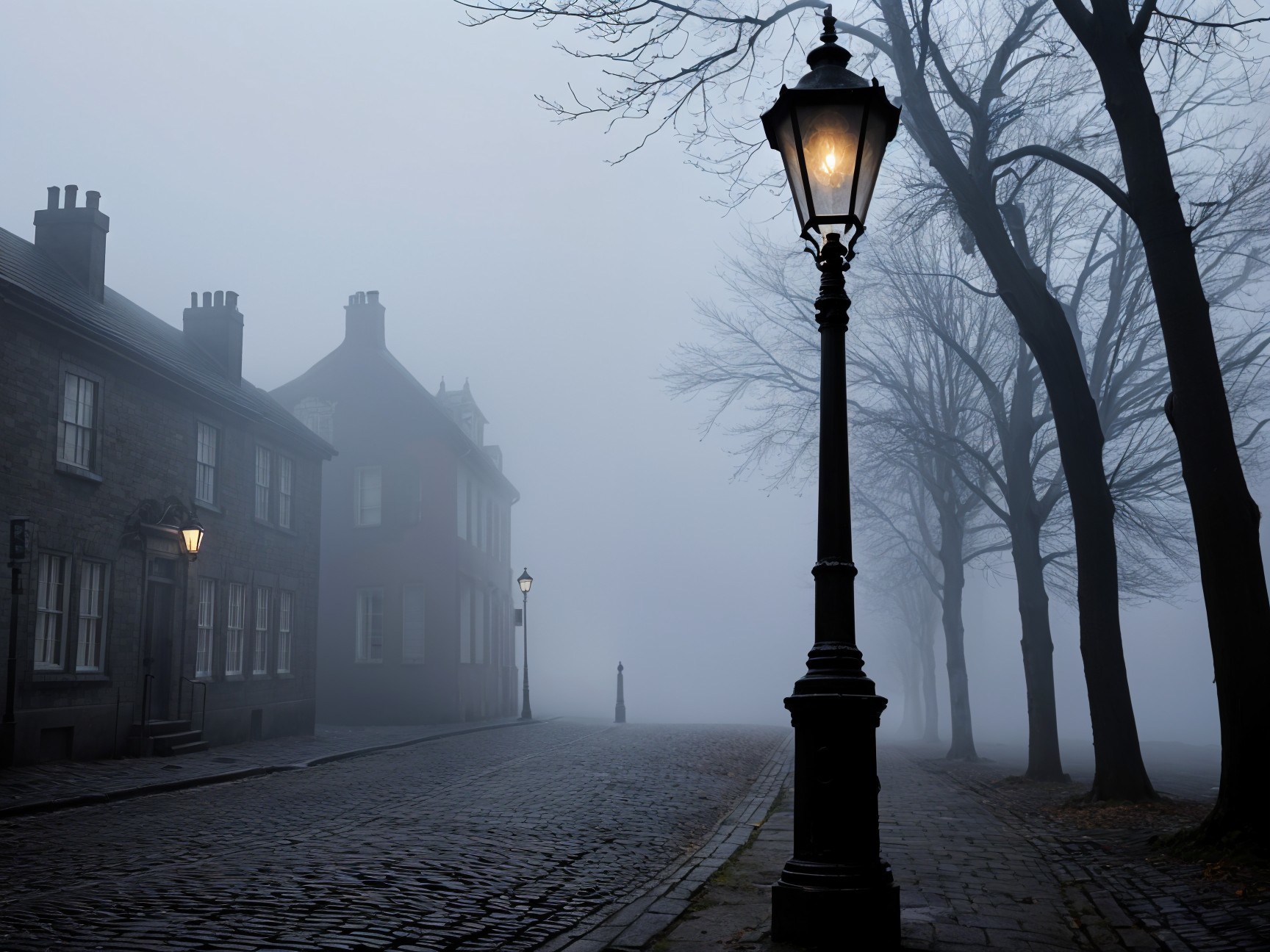 Mysterious Foggy Cobblestone Street at Night