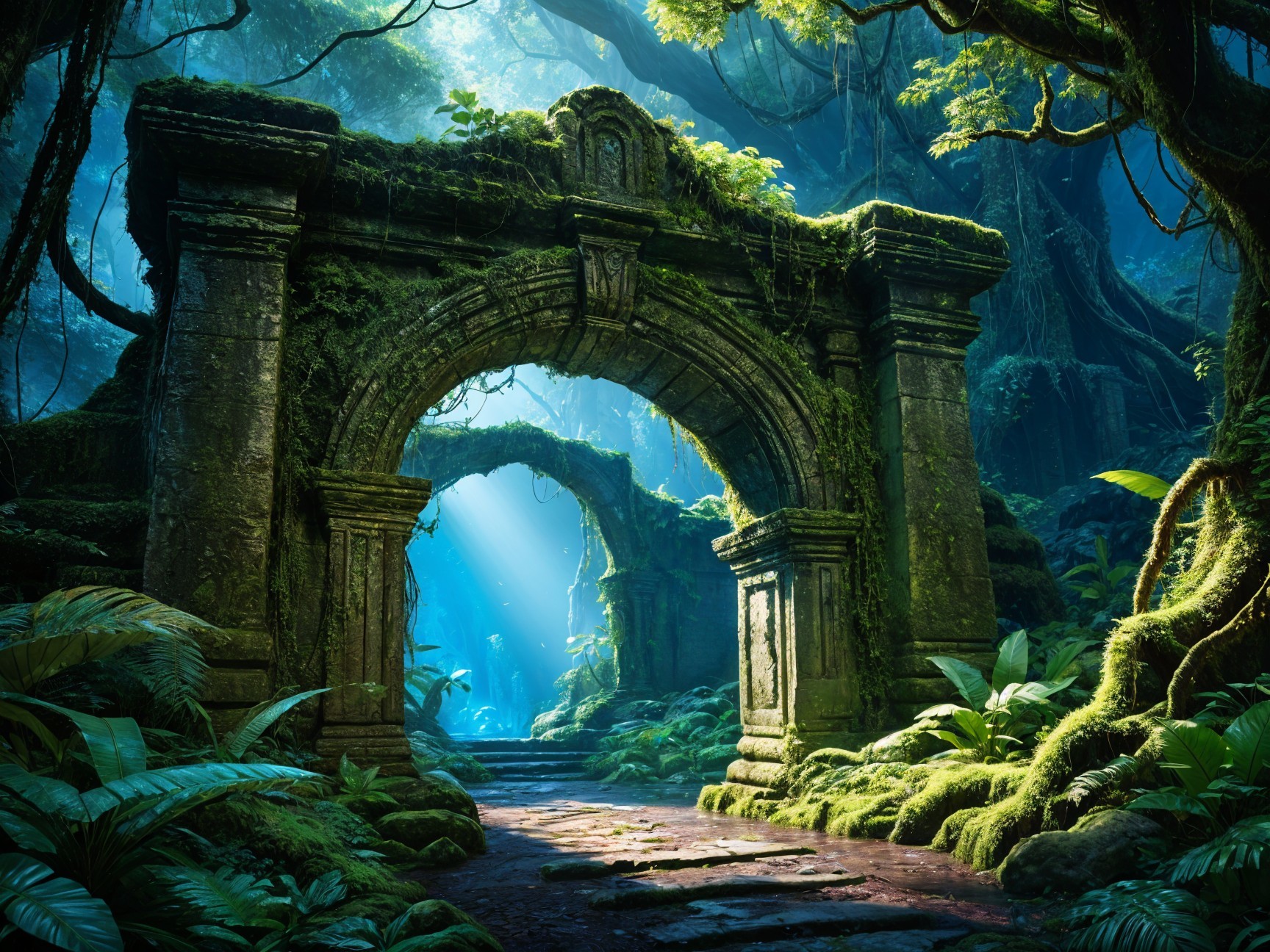 Majestic stone archway in a mystical jungle setting