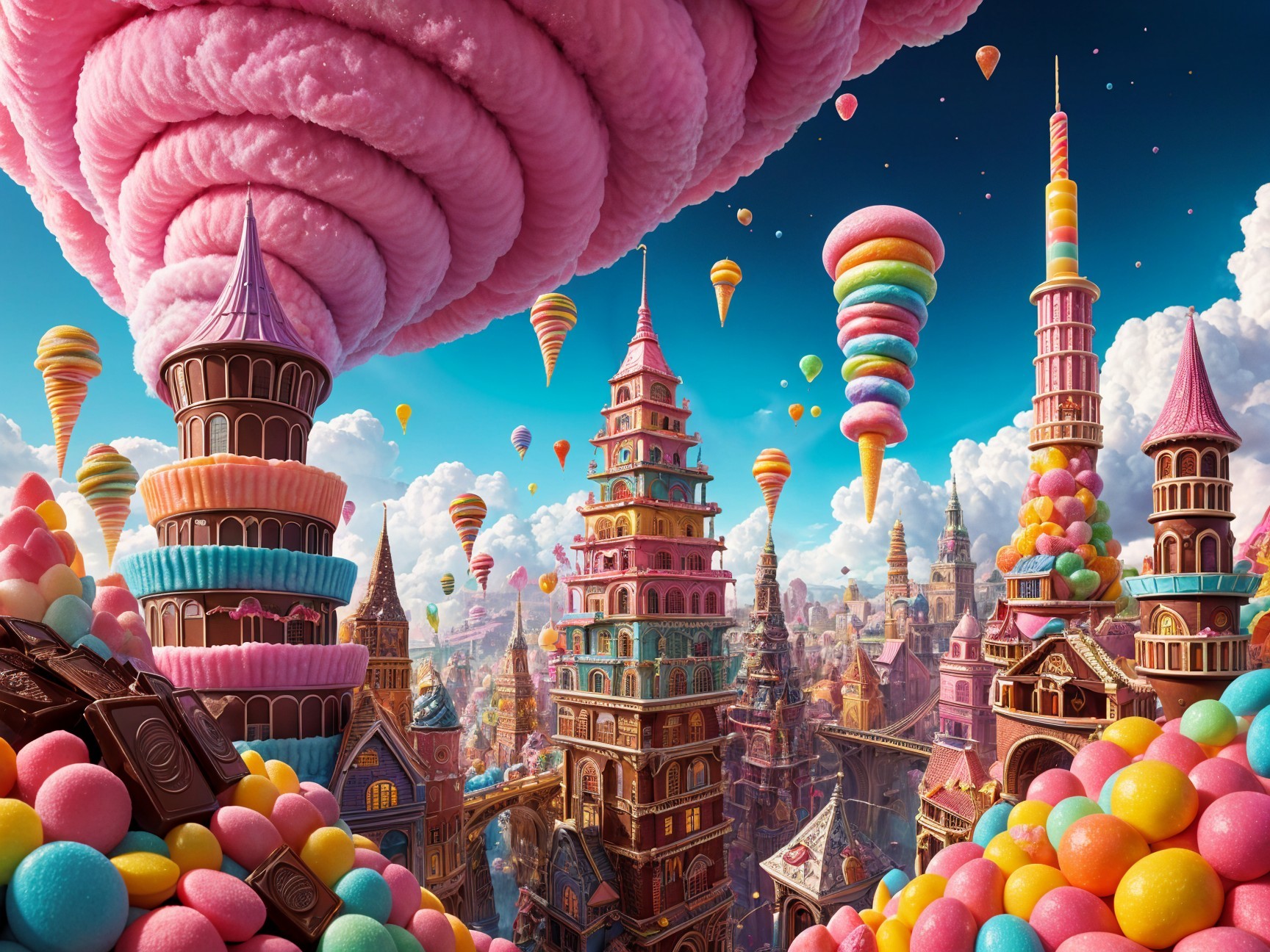 Fantasy Landscape of Candy Buildings and Hot Air Balloons
