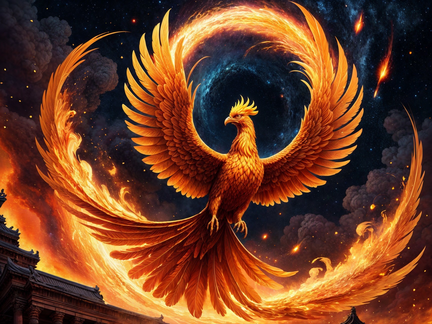 Majestic phoenix in cosmic backdrop with ancient architecture