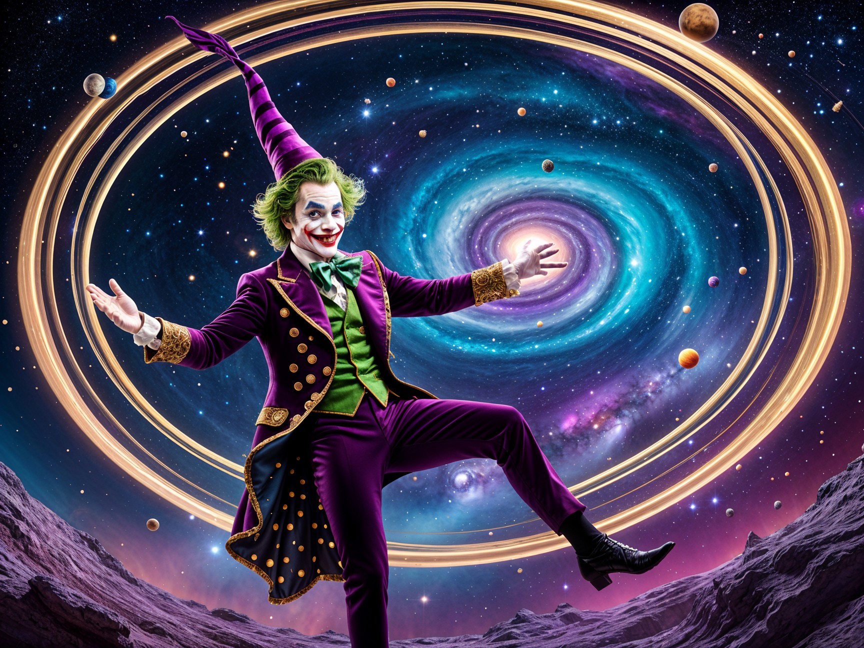 Whimsical Character in Purple Suit Against Cosmic Backdrop