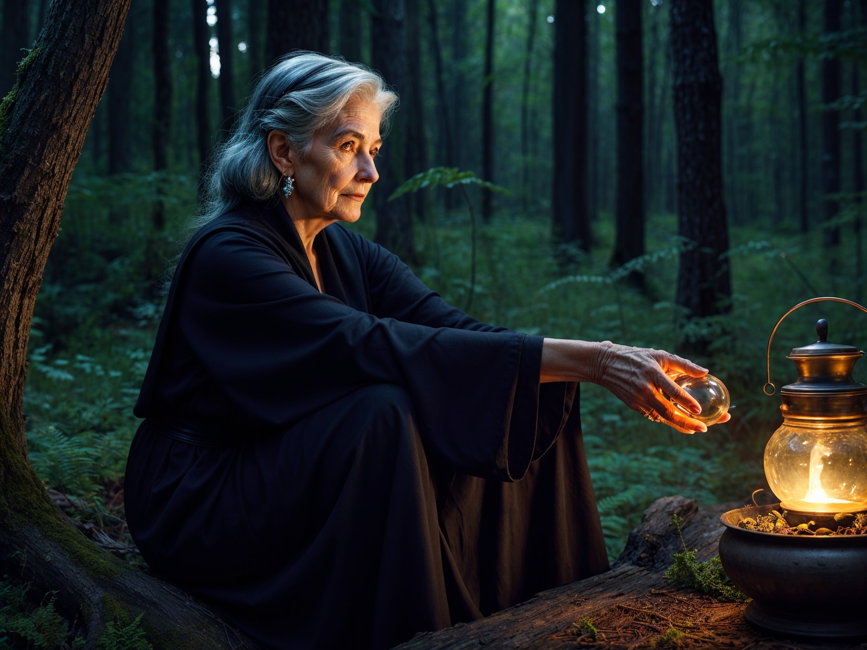Elderly Woman in Black Robe with Crystal Orb in Forest