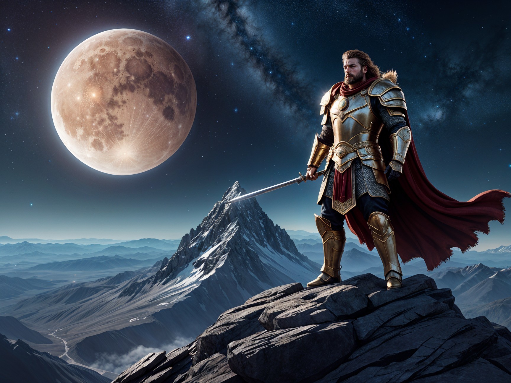 Heroic Figure in Armor on Rocky Mountain at Night