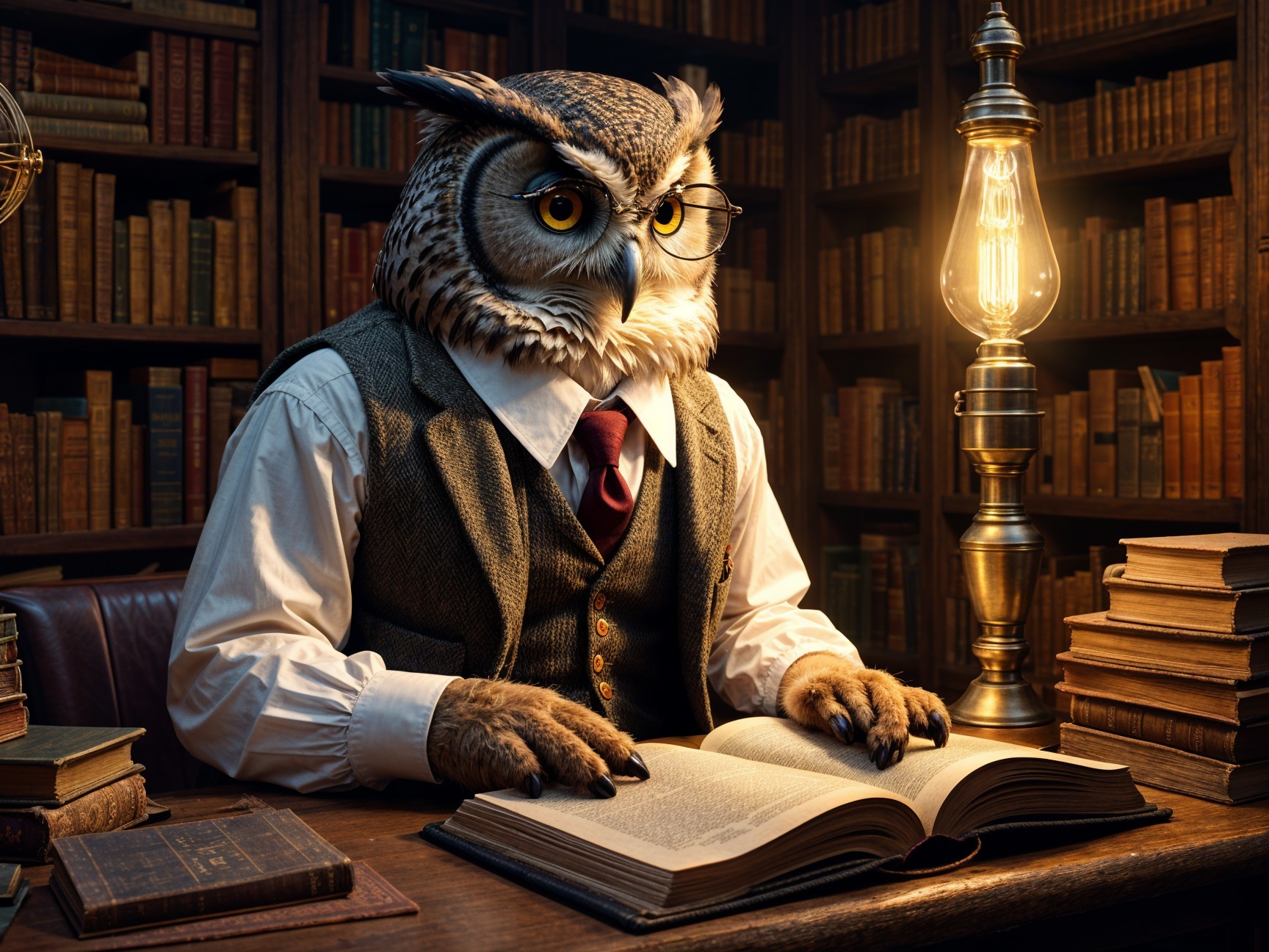 Owl in a Vest Studying in a Cozy Library Setting
