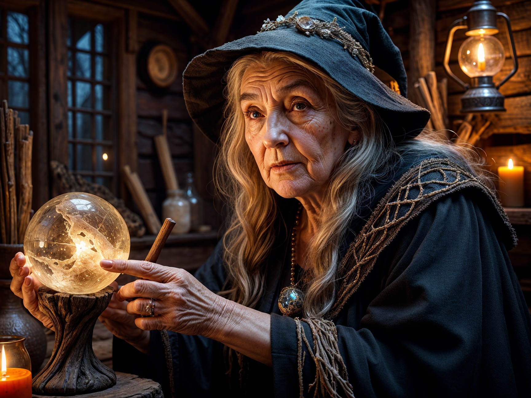 Elderly Woman in Cloak with Crystal Ball in Rustic Room