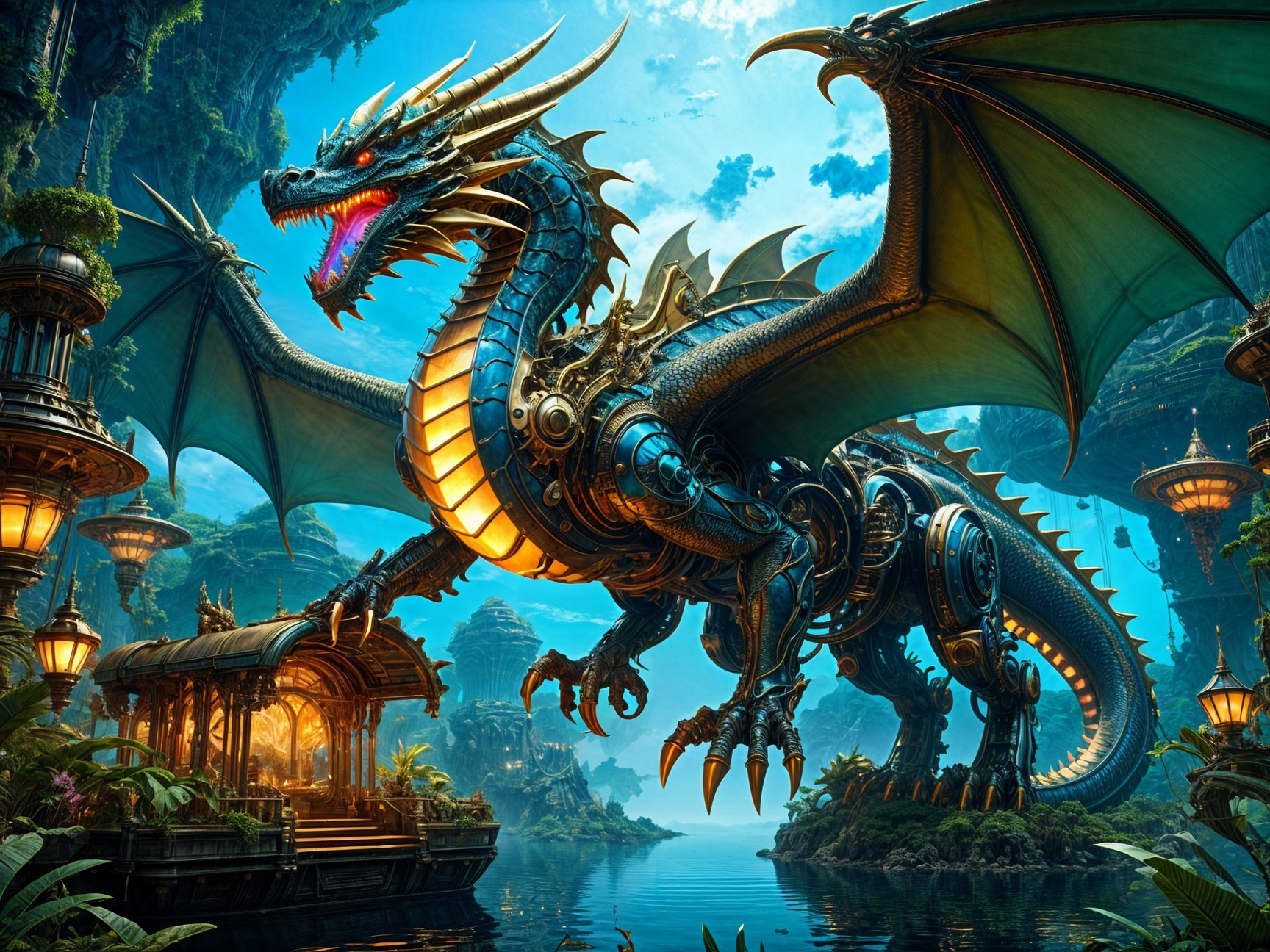 Mechanical Dragon in a Lush Fantasy Landscape