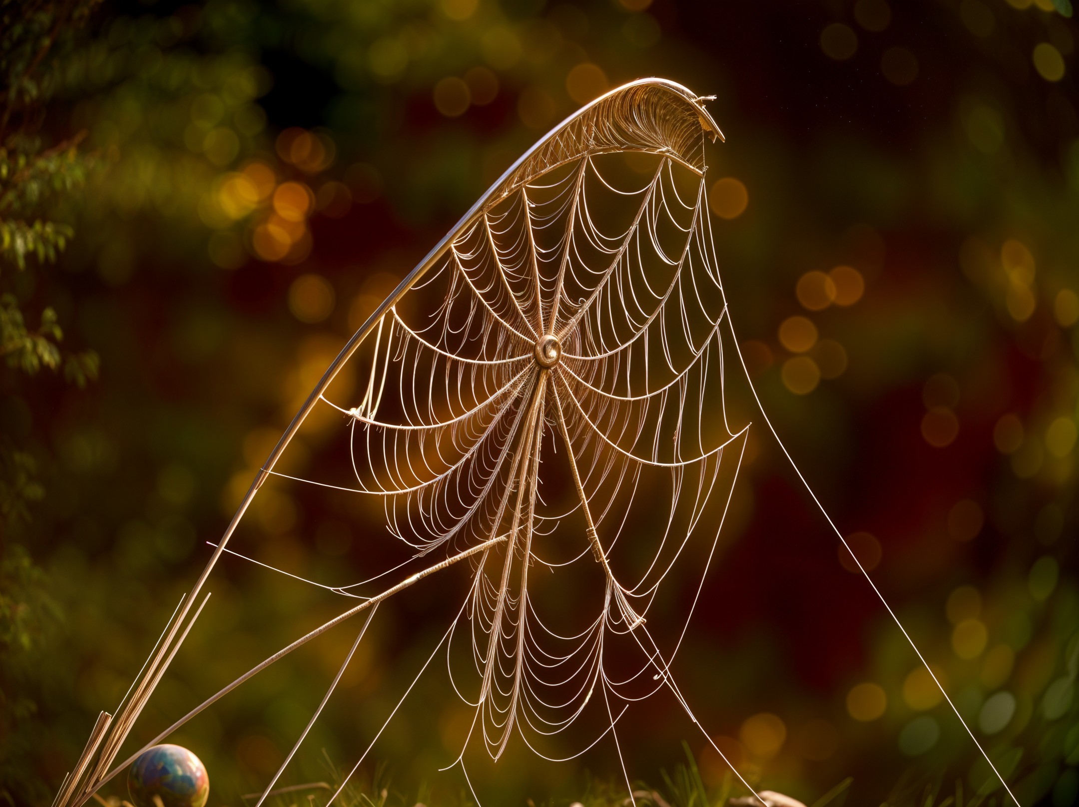 Delicate Spider Web with Dew in Sunlight and Bokeh