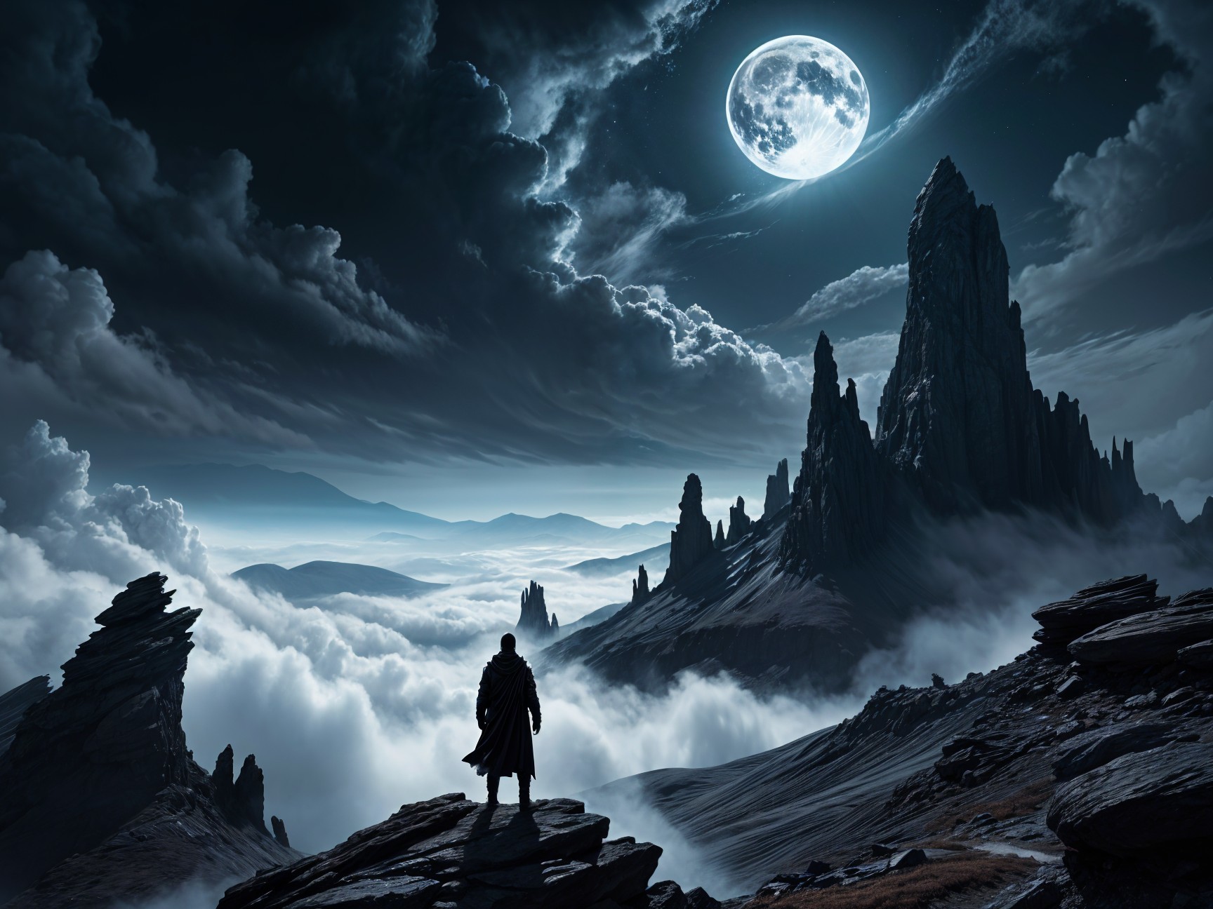 Lone Figure on Rocks Under Luminous Full Moon