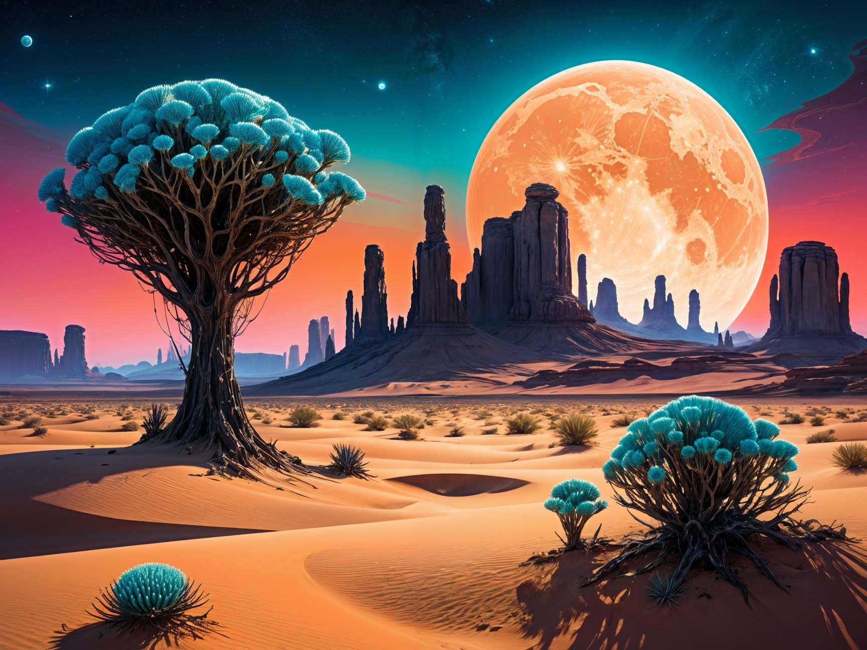 Surreal Desert Landscape with Glowing Moon and Trees