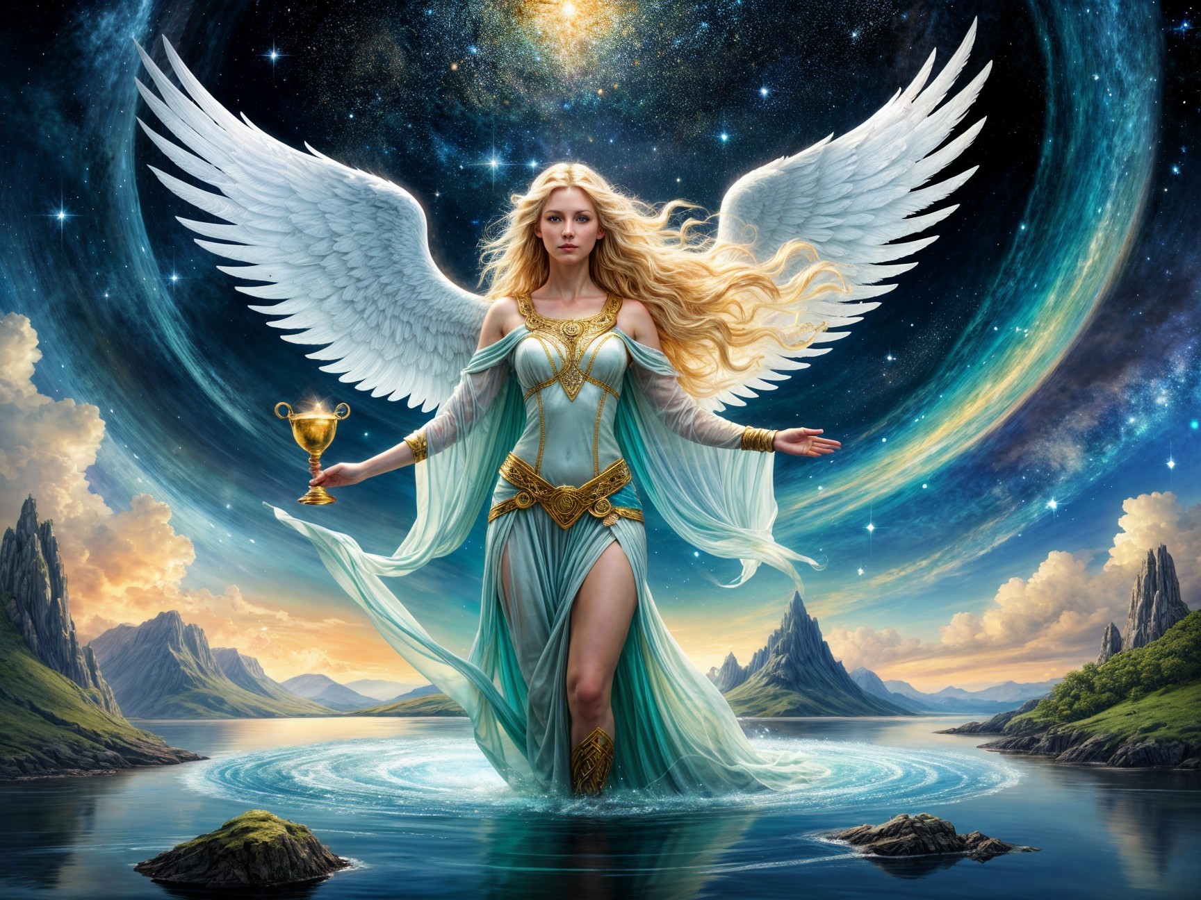 Majestic angel in tranquil landscape with cosmic elements