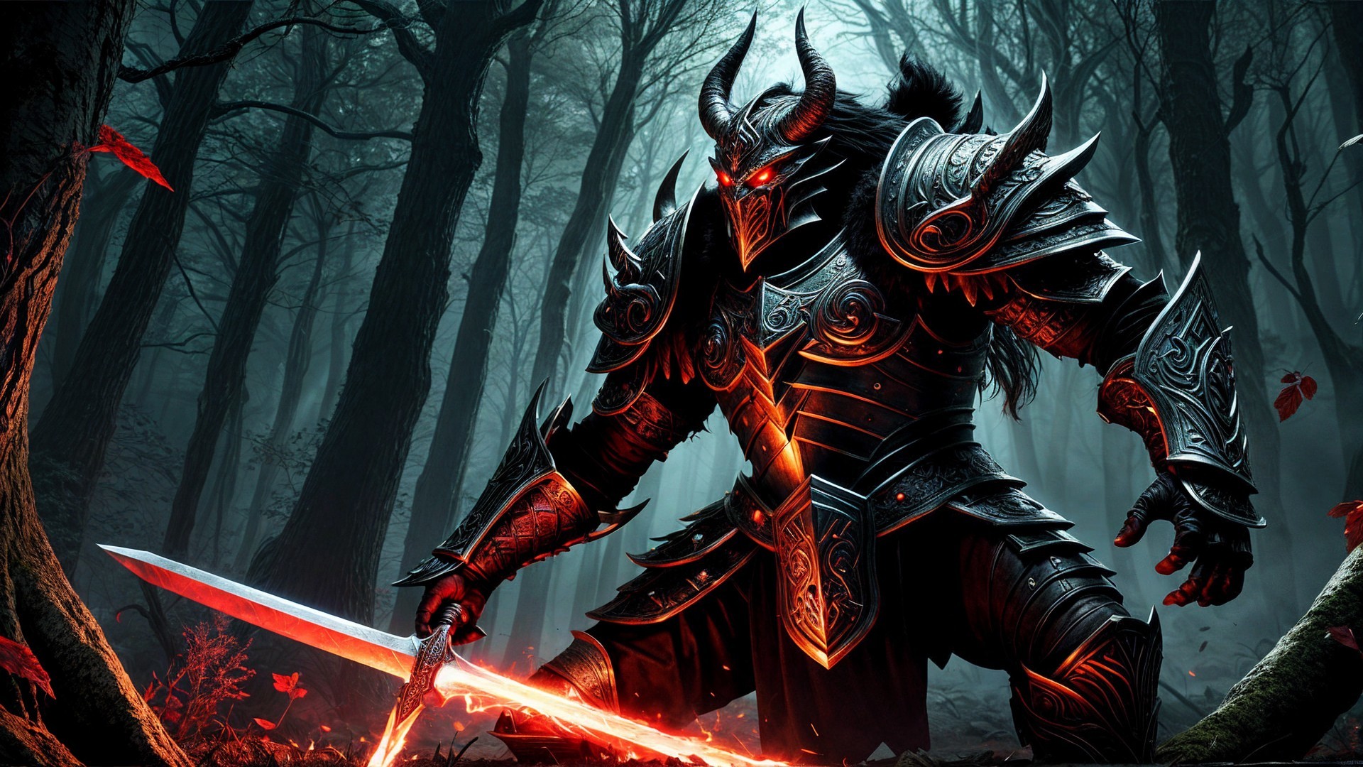 Menacing Armored Figure in Mystical Forest Setting