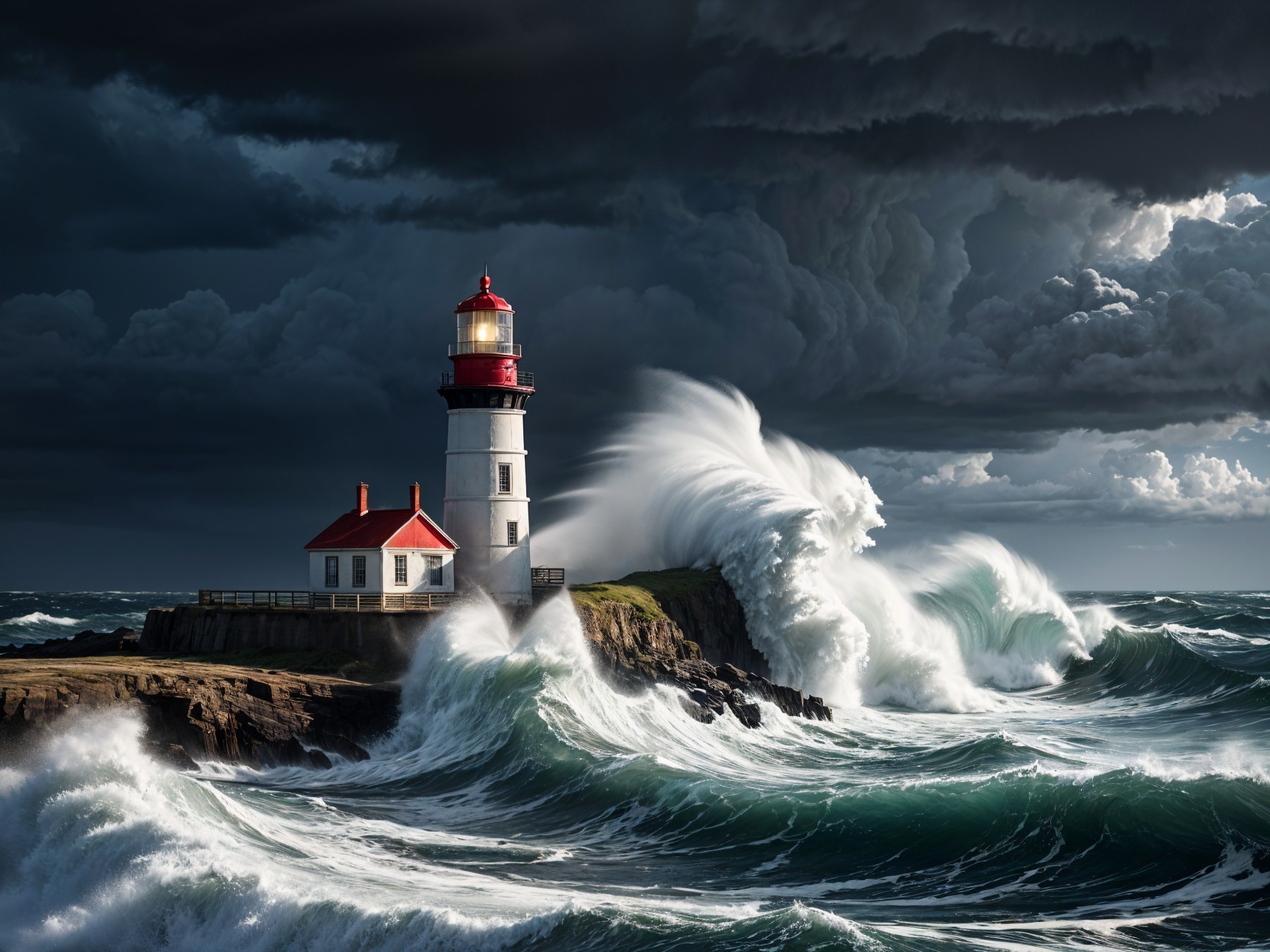 Lighthouse on Rocky Shore Amidst Turbulent Waves