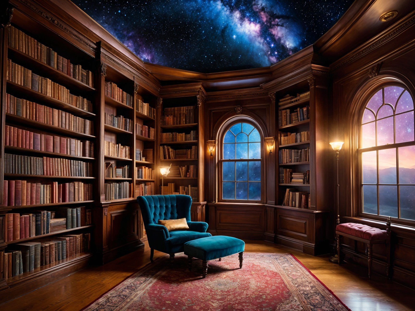 Elegant library with wooden bookshelves and cosmic view