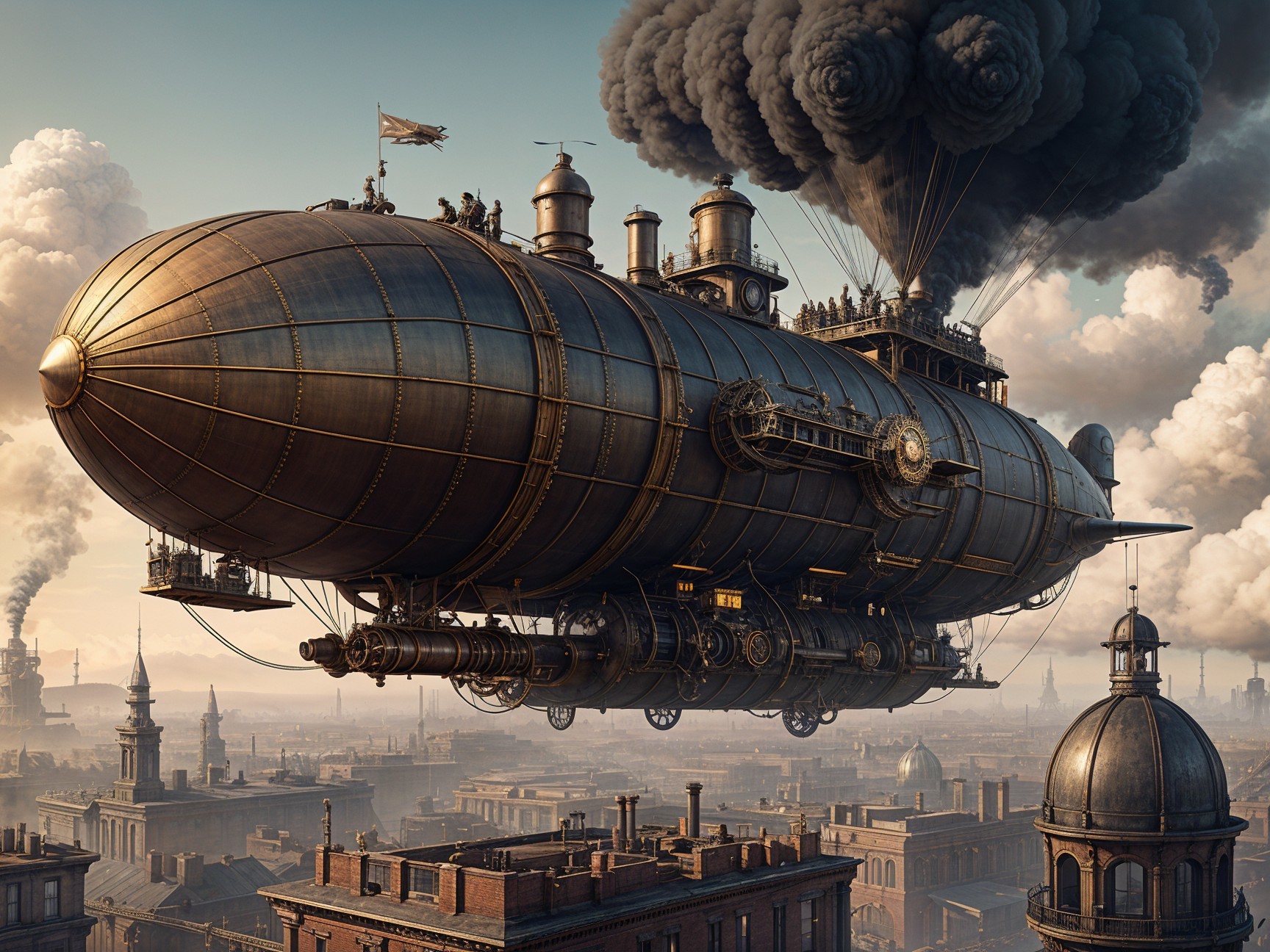 Steampunk Airship Over a Historic Cityscape