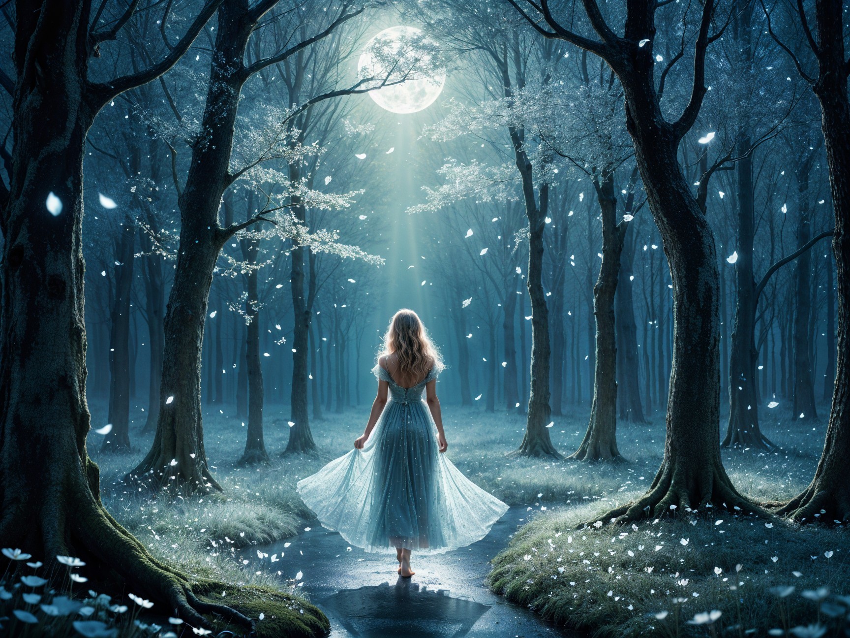 Girl in Light Blue Dress Walking in Mystical Forest