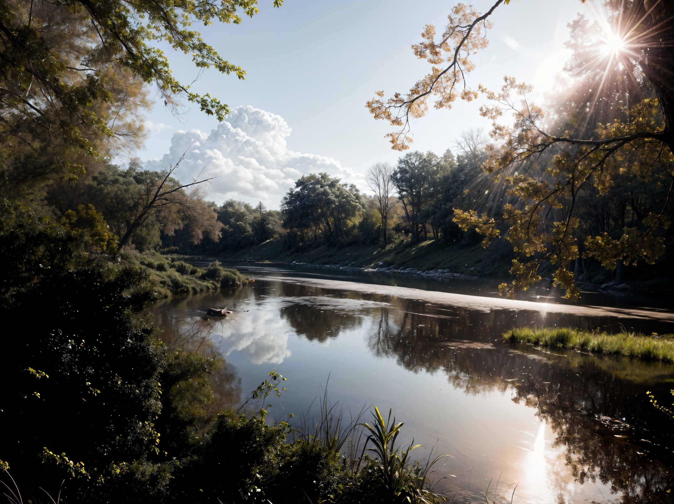 Serene River Landscape Under Clear Blue Sky