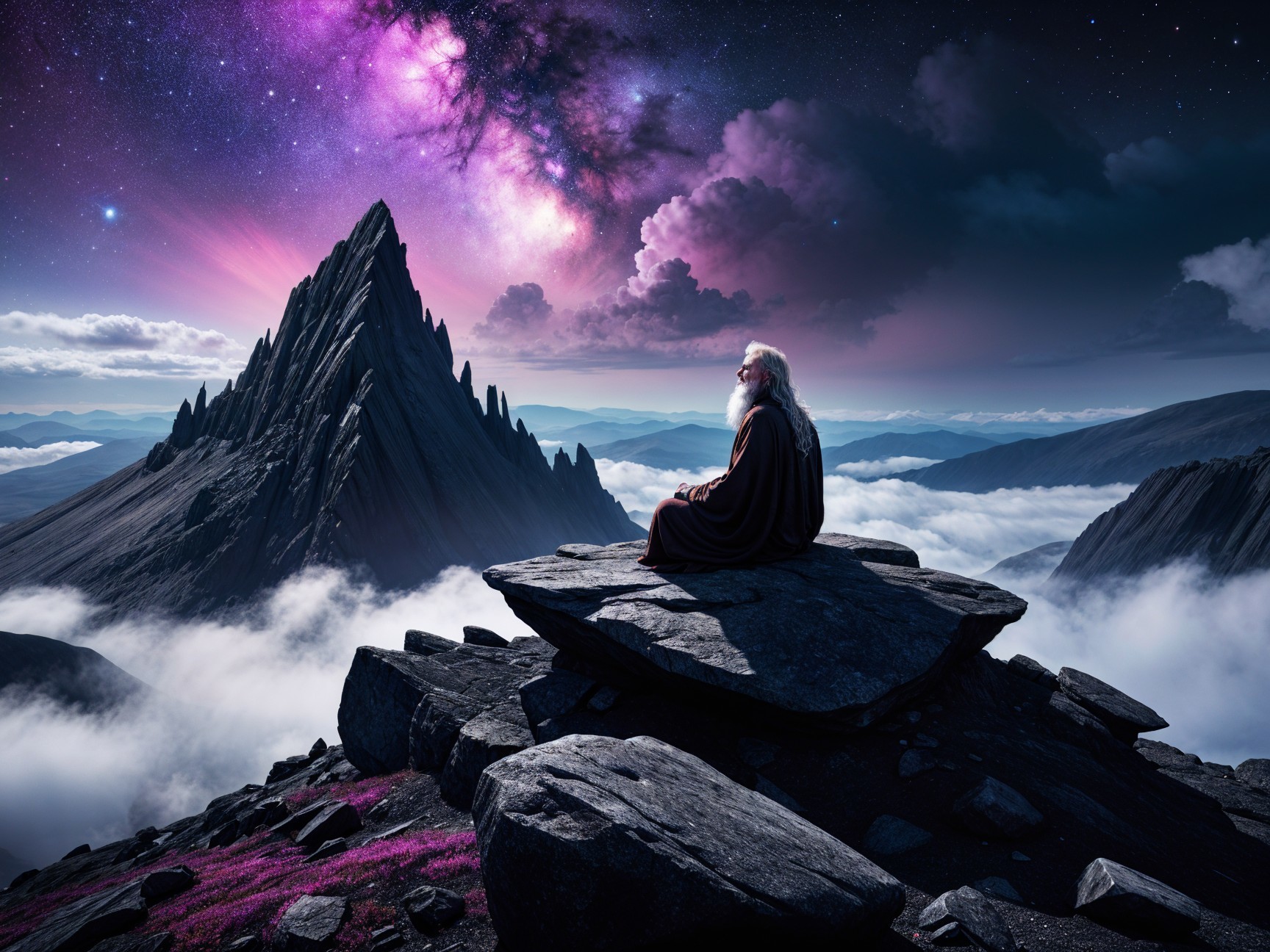 Serene figure gazing at majestic mountain peak