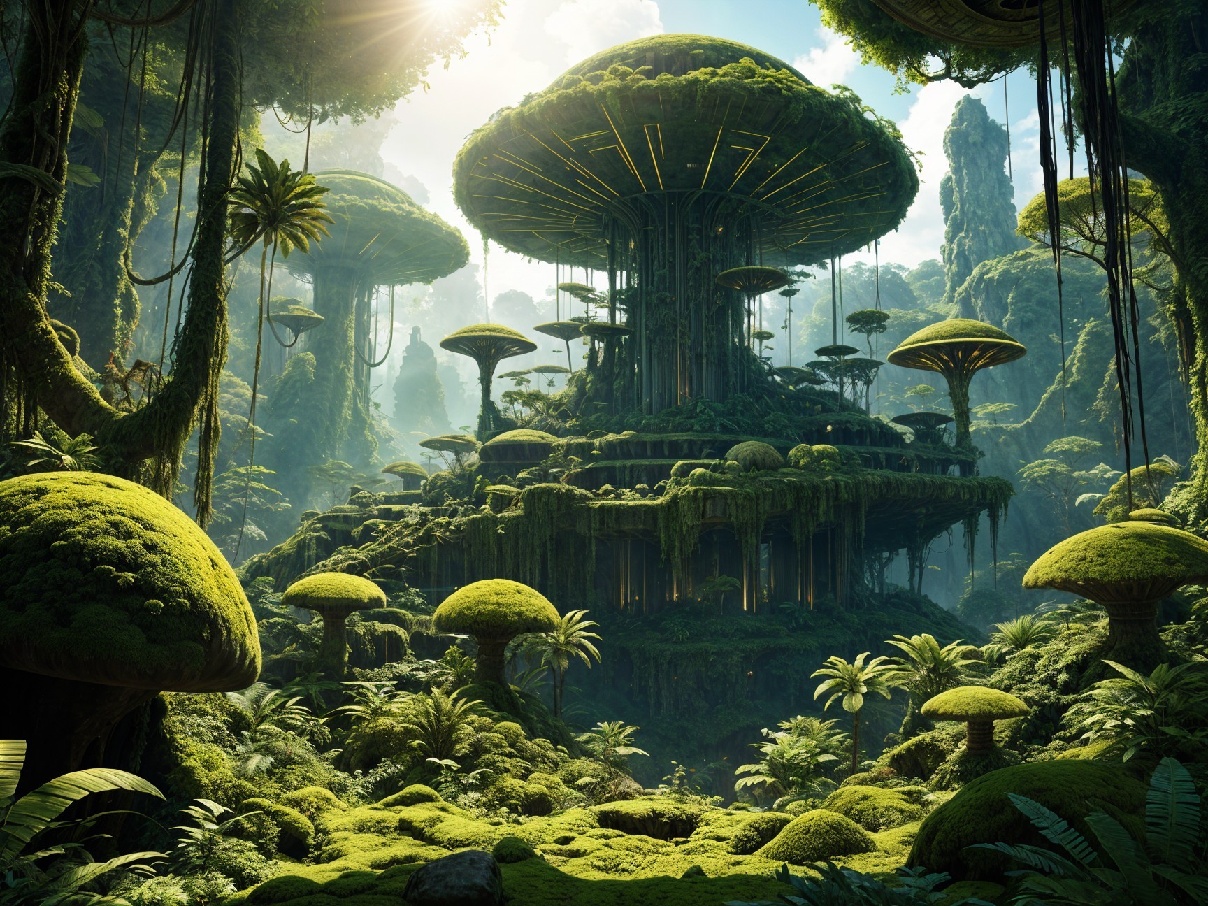 Surreal Landscape with Towering Mushroom Structures