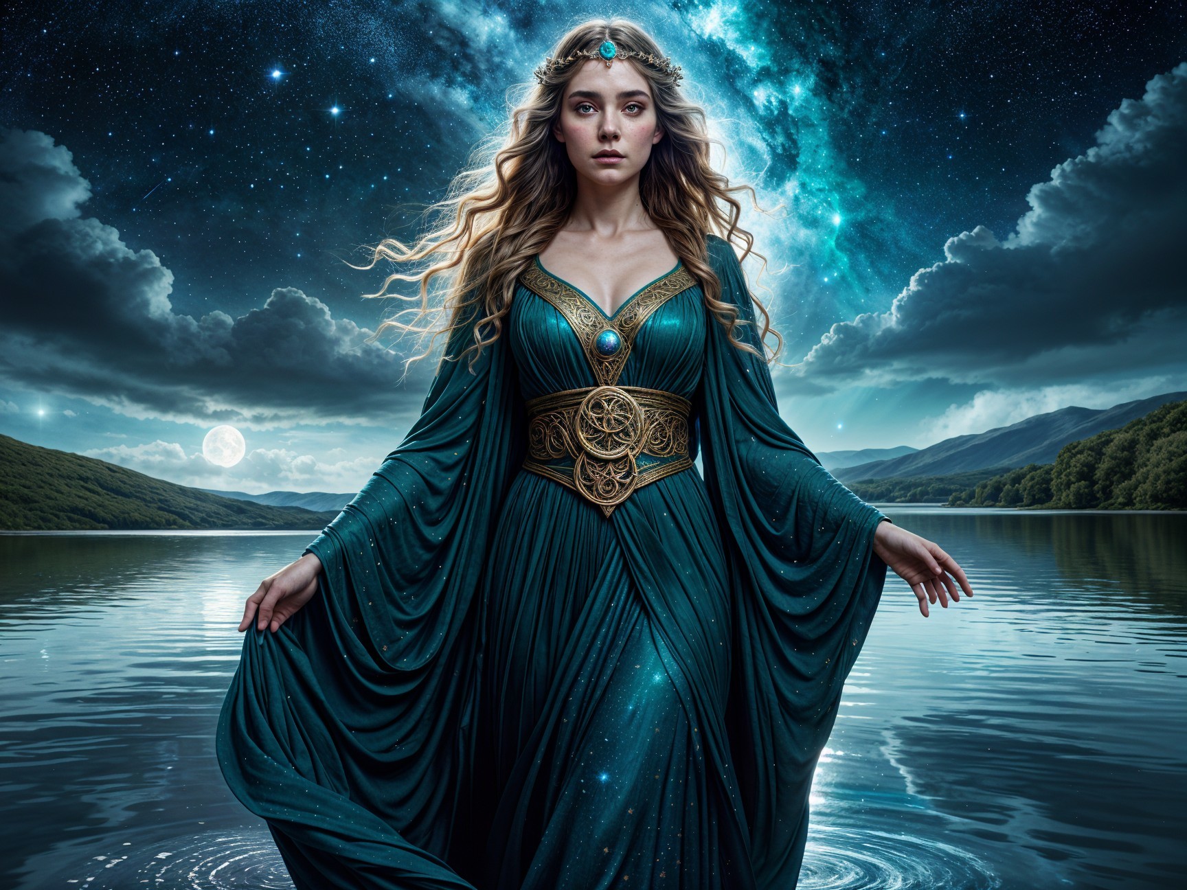 Mystical figure in teal gown by serene water at night