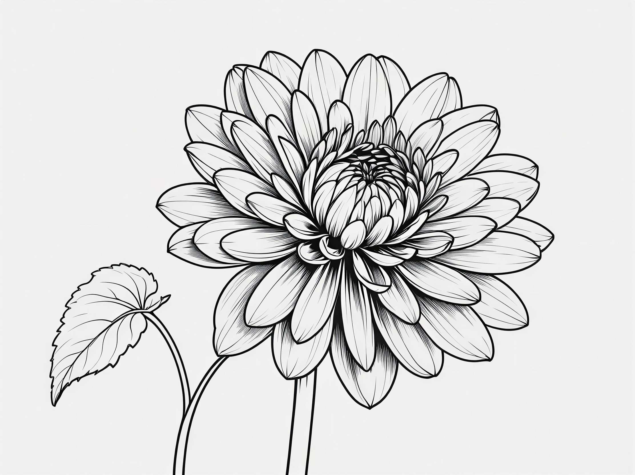 Black and White Outline of Dahlia Flower and Leaf