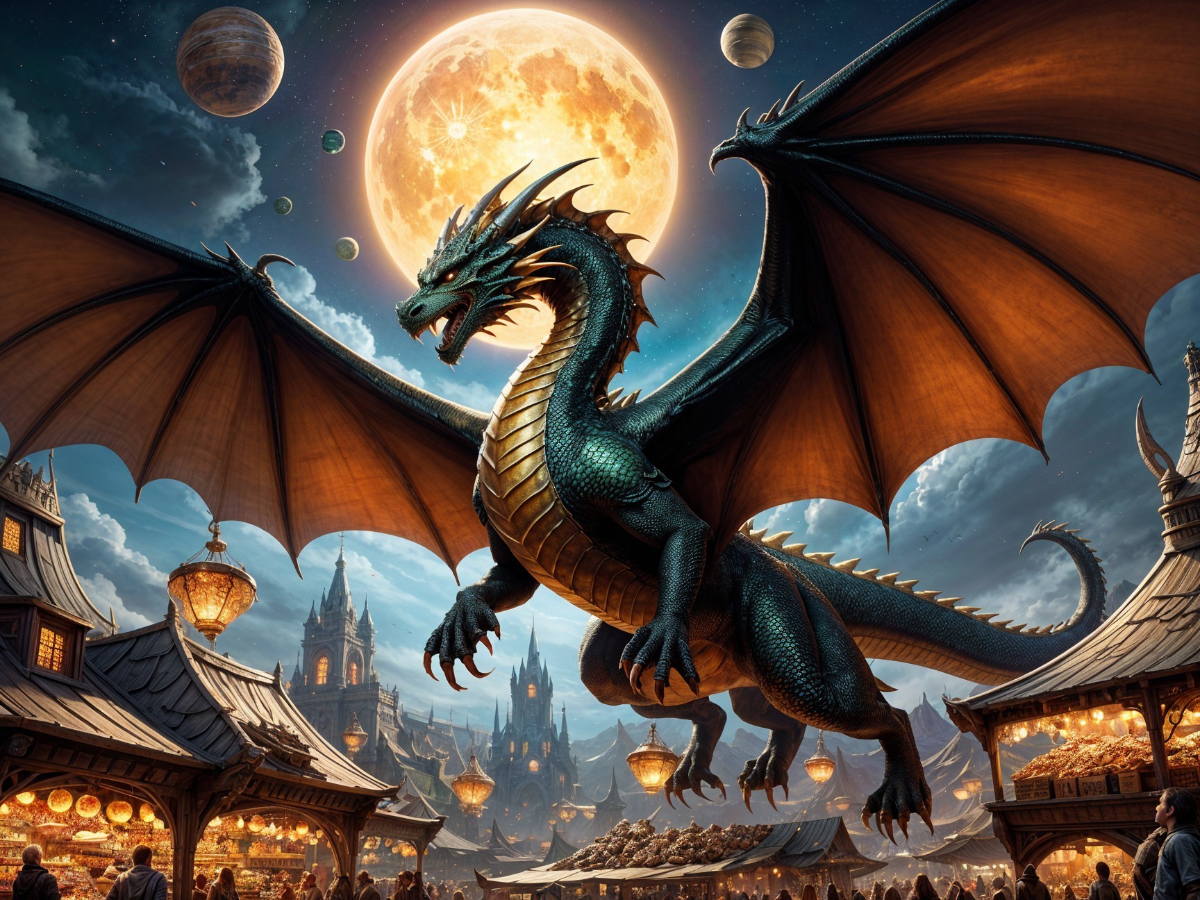 Majestic dragon over medieval marketplace at night