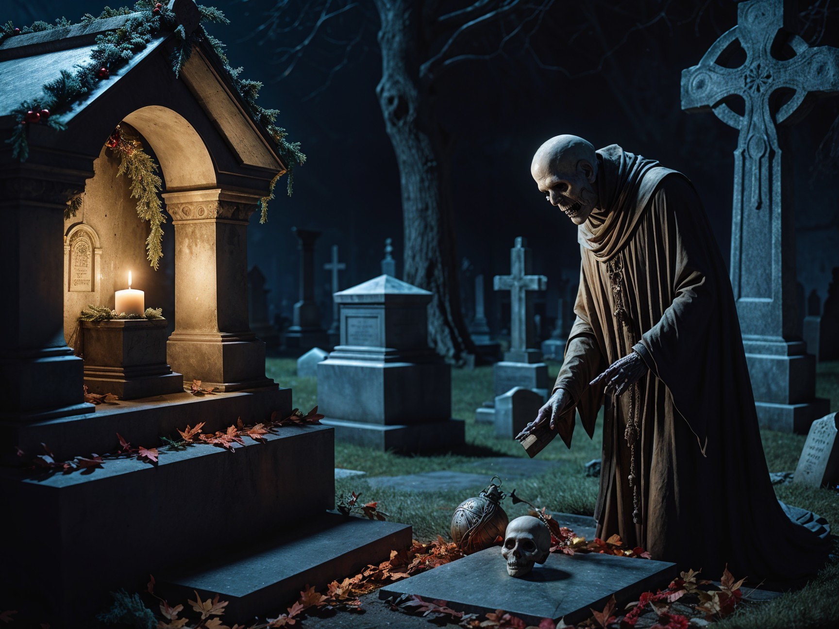 Cloaked Figure in Cemetery with Autumn Leaves and Skull