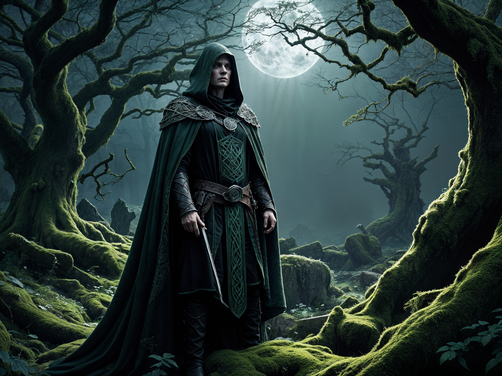 Mysterious Figure in Moonlit Forest Setting