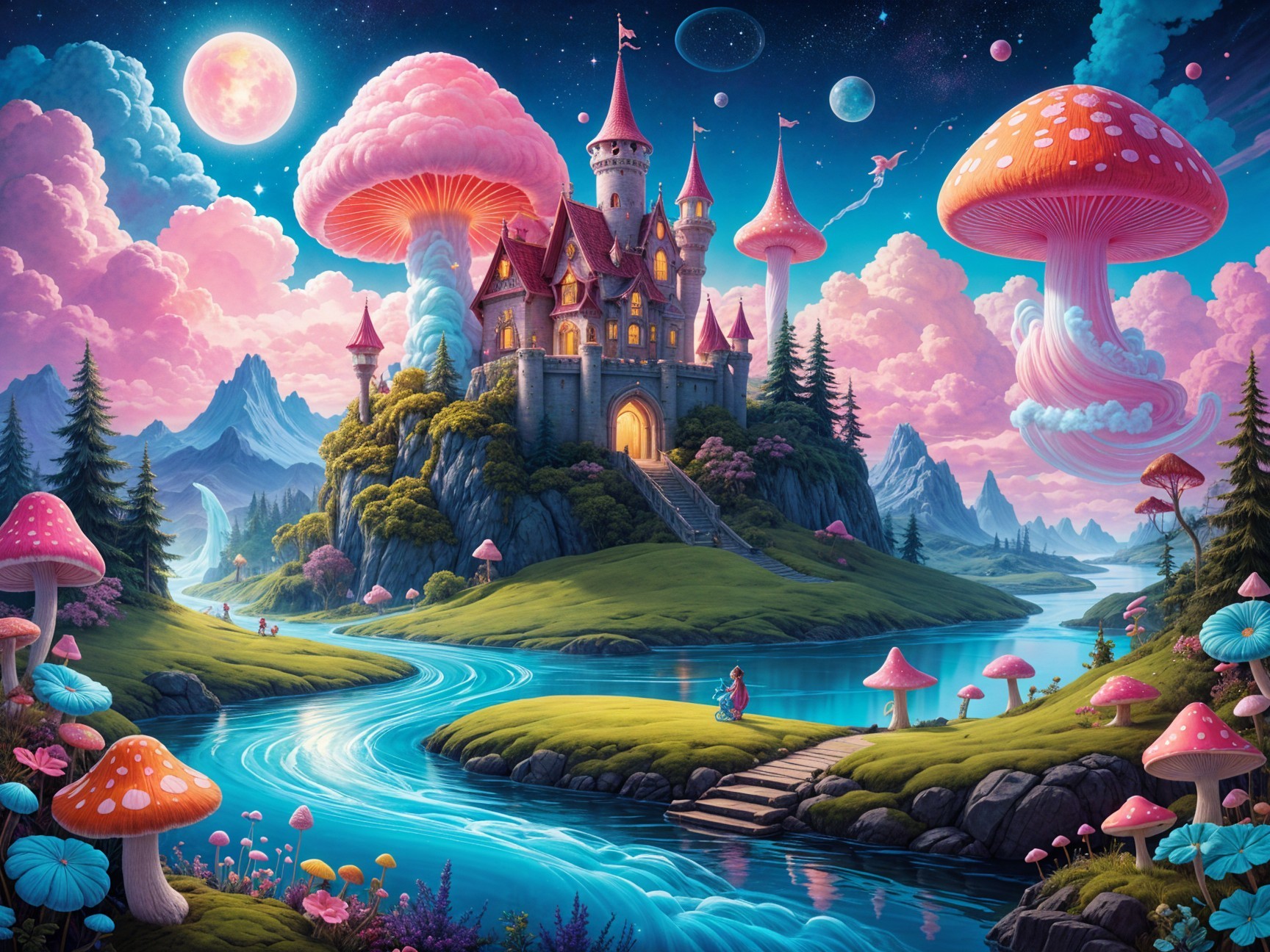 Fantasy Landscape with Castle and Vibrant Mushrooms