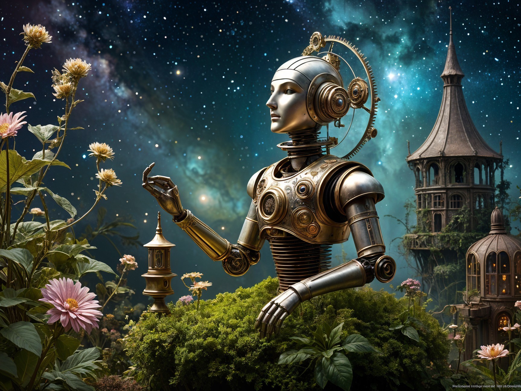 Majestic Robot in a Vibrant Landscape with Stars