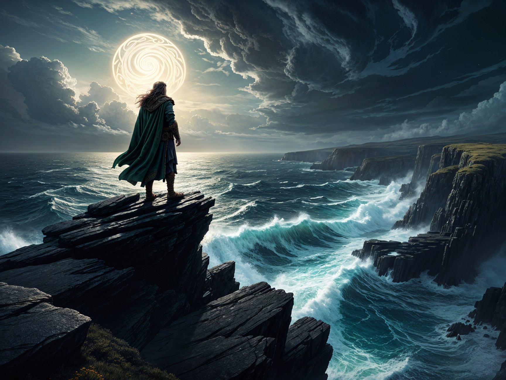 Lone Figure on Cliff Overlooking Turbulent Waves