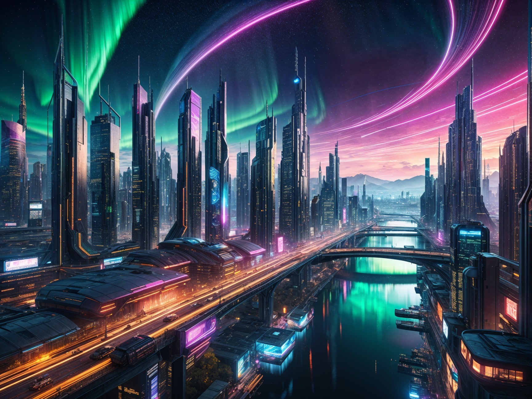 Futuristic City Skyline with Neon Lights and Auroras