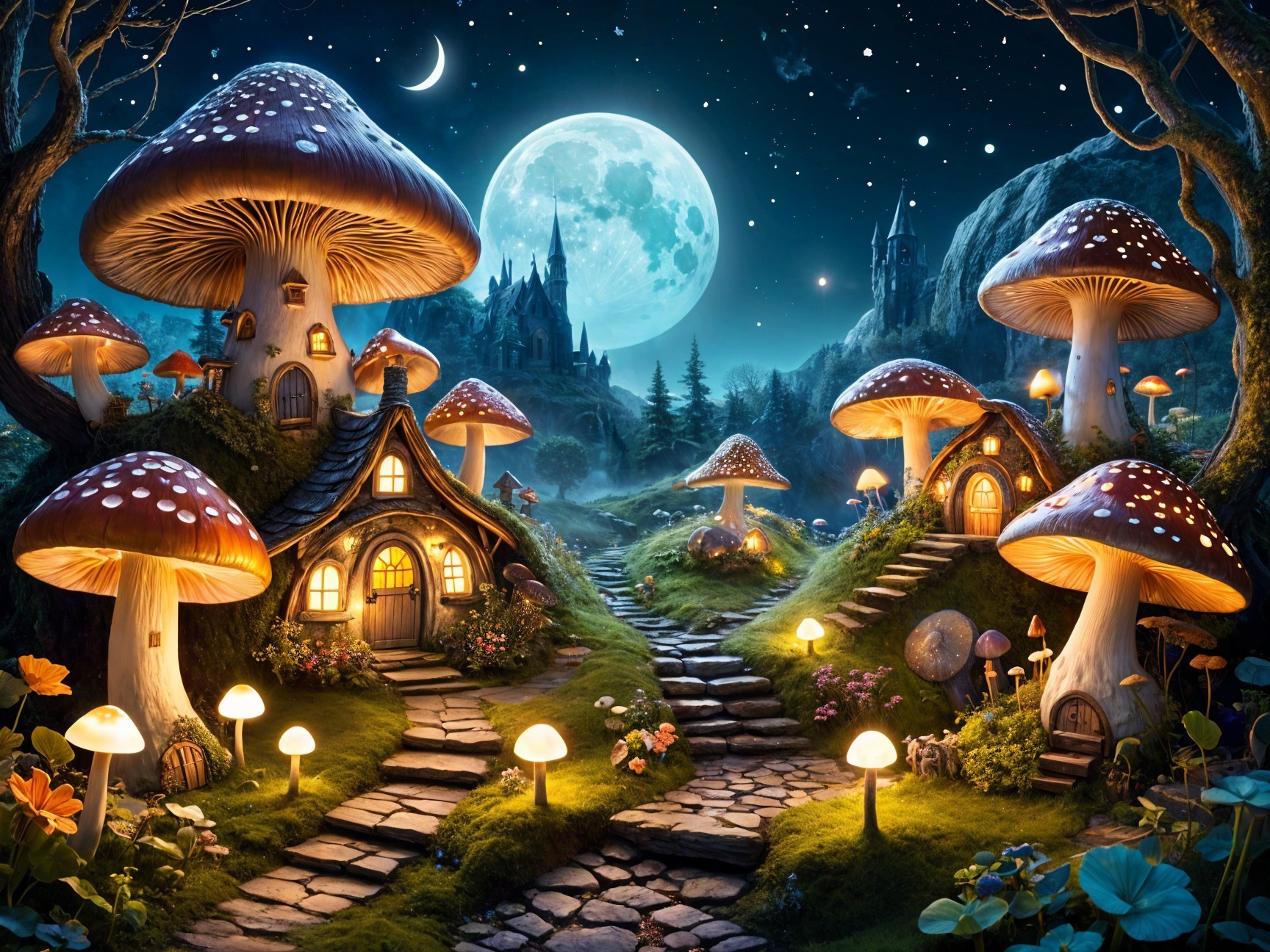Whimsical Landscape with Oversized Mushrooms and Castle