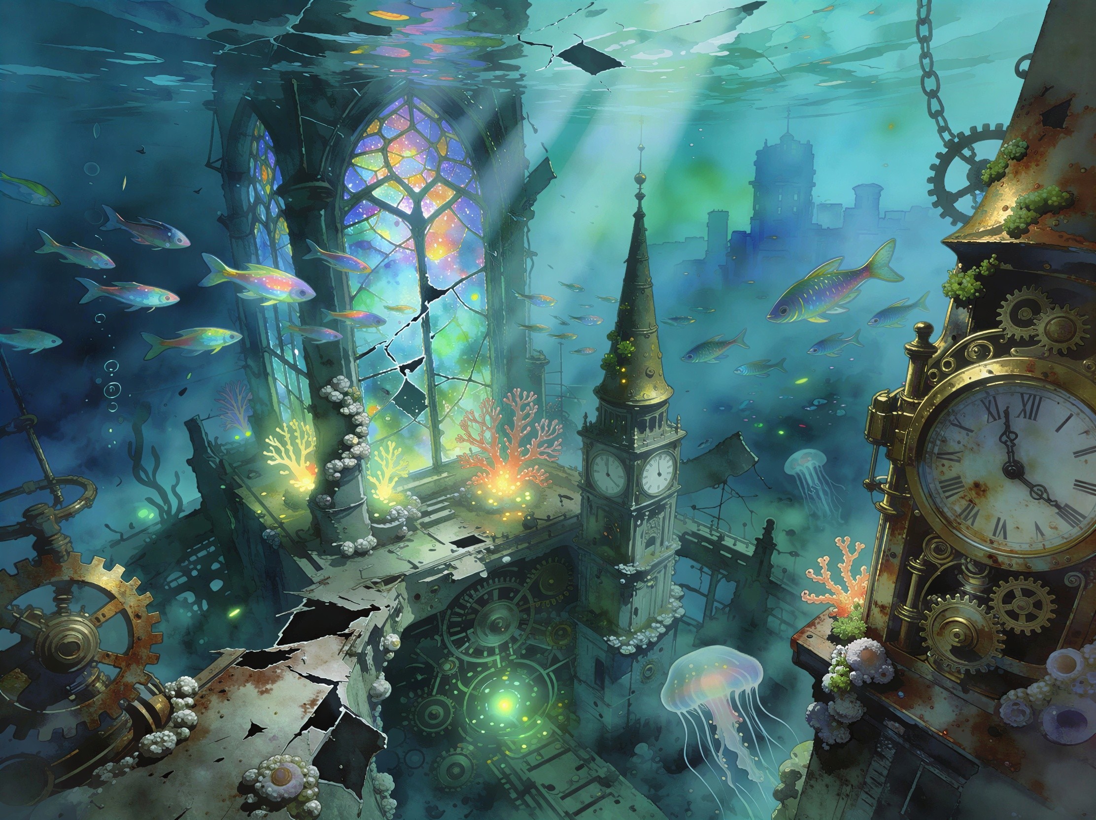 Underwater Steampunk Cityscape with Stained-Glass Window