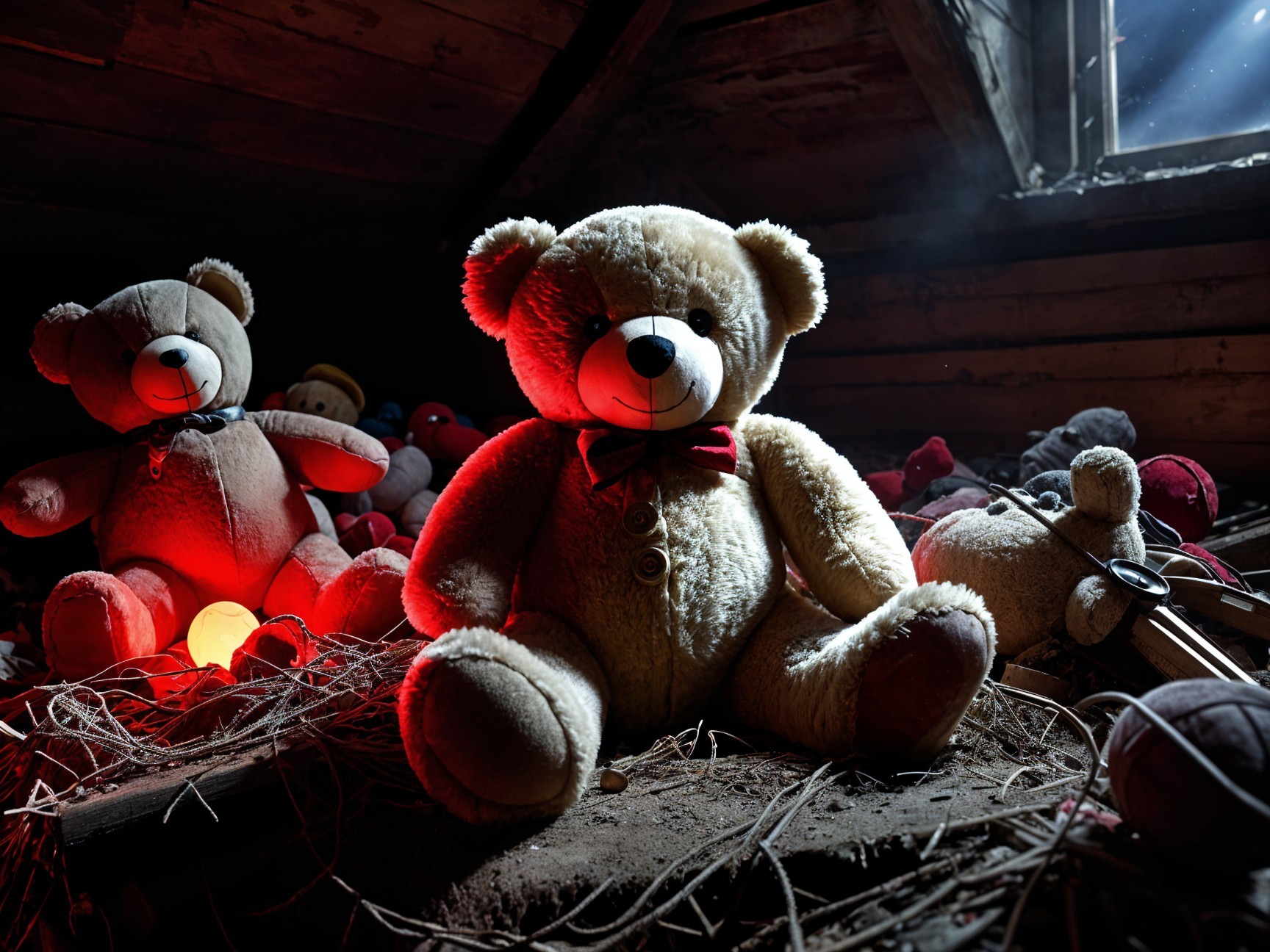 Stuffed Teddy Bears in a Dimly Lit Attic Setting